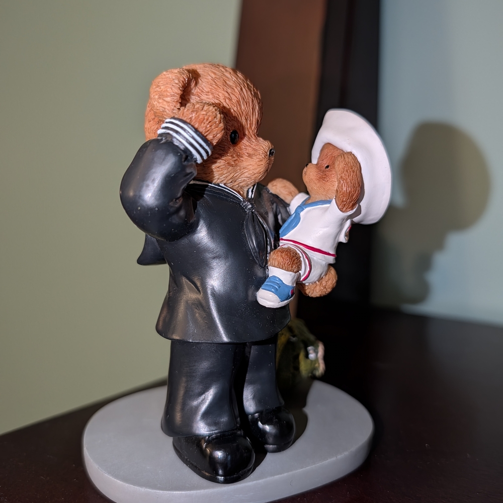 Navy Sailor Bear Figurine Holding Baby Bear in White Sailor Outfit - Brown